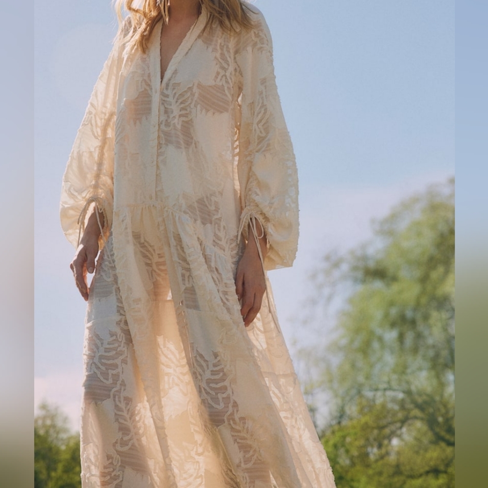 H&M jacquard maxi dress balloon sleeves Raglan beige Unlined See Through NWT.